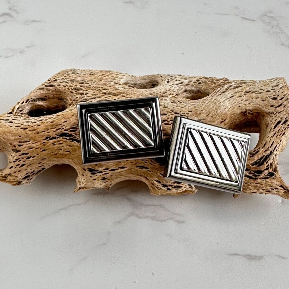 Gunmetal & Silver Rectangular Stripe Cufflinks For Men